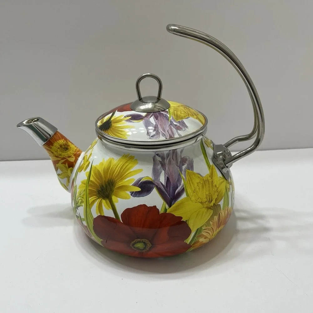 Pioneer Woman 2.3 Quart Enameled Metal Tea Pot Retired Floral Garden Lid Country